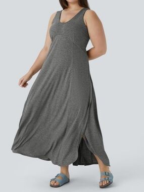 Halara U Neck Sleeveless Flowy Maxi Casual Split Seam Maxi Dress Grey 3X